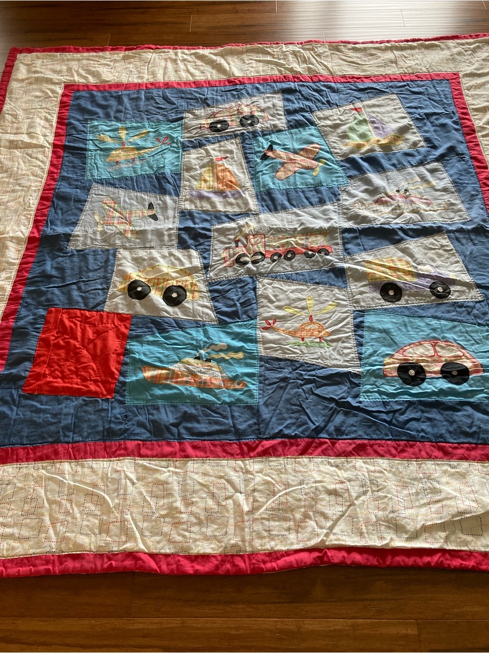 Children's Appliqué Transport Quilted Blanket Multi-colored. 80” x 82”.